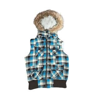 Dollhouse Y2K Brown Blue Plaid Sherpa Lined Vest with Hood Faux Fur Trim Size S